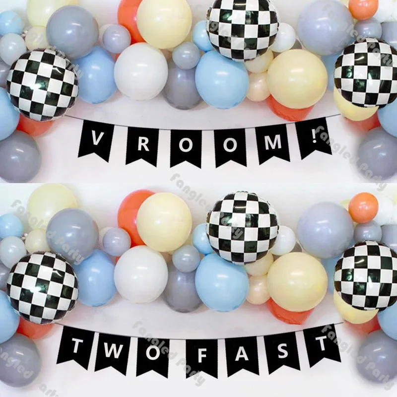 

69pcs Race Car Balloon Garland Two Fast/Vroom! First/2nd Themed Party Decor Supplies Racing Car Flag Banner Checkered Balloons