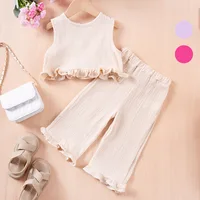 Summer Kids Cotton Casual 2pcs Toddler Girls Solid Color Sleeveless Top + Ruffle Pants Set Comfortable Fashion Hot Sale