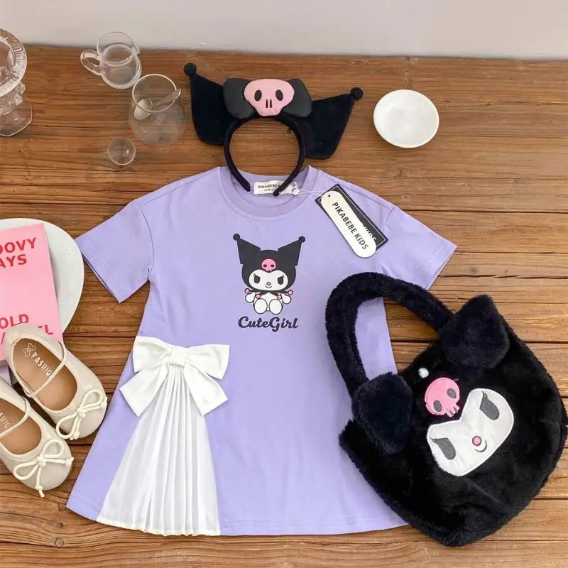 

Хлопковое платье для девочек Sanrio, летнее фиолетовое платье-футболка с коротким рукавом и бантом, 2023