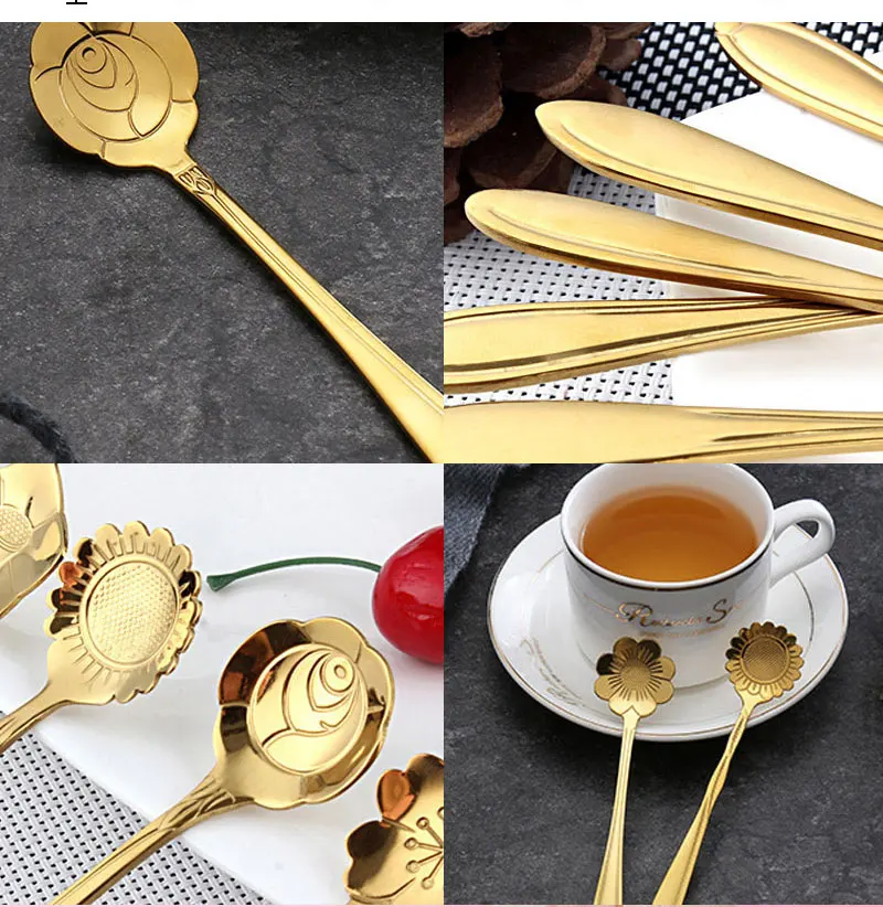 8Pcs Kleine Blume Teelöffel Edelstahl Kirsche Rose Blume Kaffee Löffel Geschenke Küche Dessert Zubehör Geschirr Dekoration Set – Detail 7