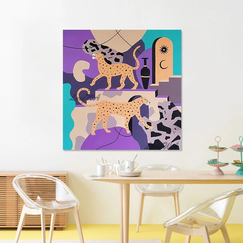

Large Size Abstract Kindergarten Wall Decoration Linen Canvas Animal Art Frameless Acrylic Artwork Picture Leopard Oil Painting