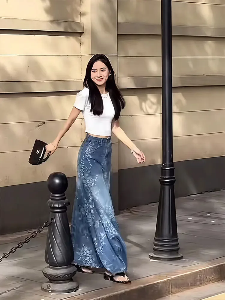 Women Vintage Pattern Printing Denim Skirt Female Long Skirt 90s