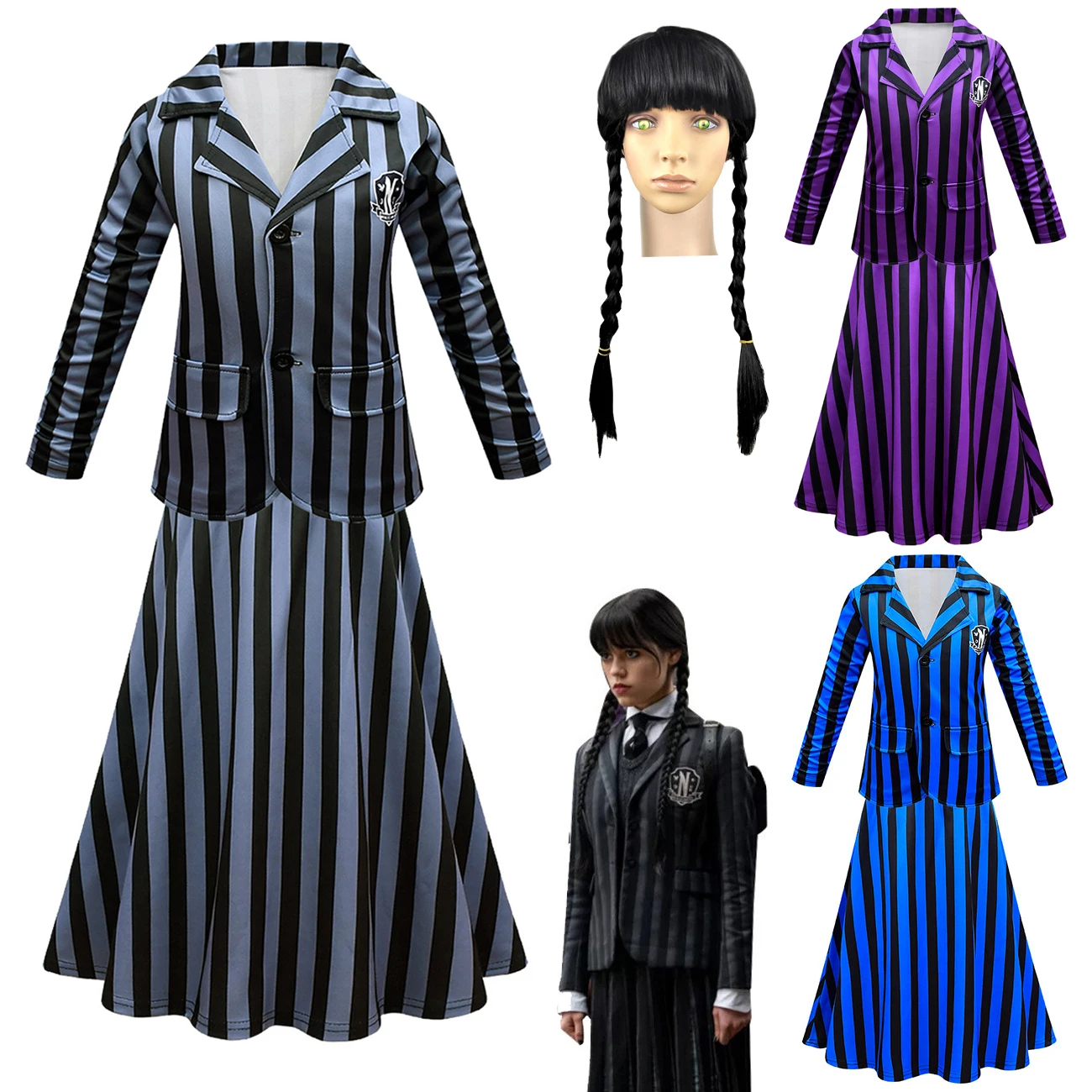 

New Baby The Wednesday Addams Family Cosplay Teenagers Girls Set Wig Nevermore Academy Black School Uniform Costume