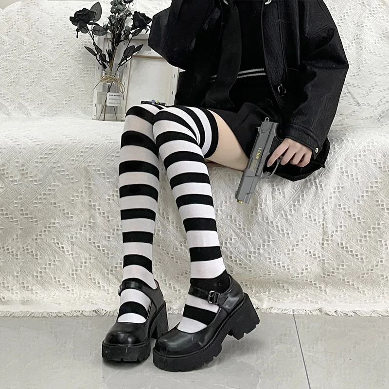 Lolita JK Damen Lange Socken Schwarz/Blau/Rosa Gestreift Kniehohe Anime Socken Cosplay Sexy Strickstrümpfe Für Mädchen – Detail 1