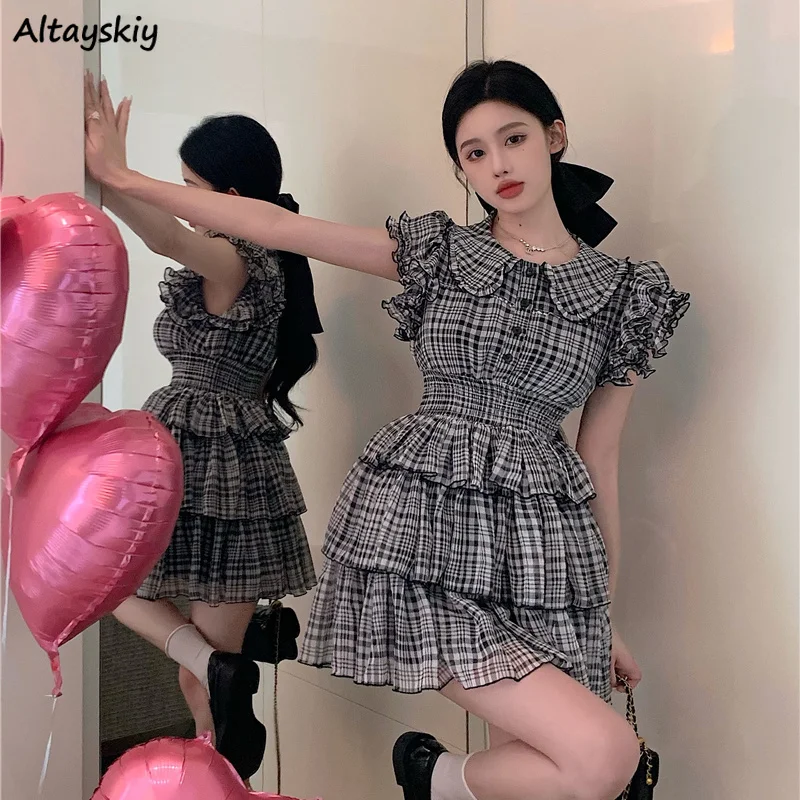 

Sleeveless Mini Dress Women Plaid Tender Ruffles Peter Pan Collar Summer Temperament Pleated Button-up Hotsweet Girls Fashion
