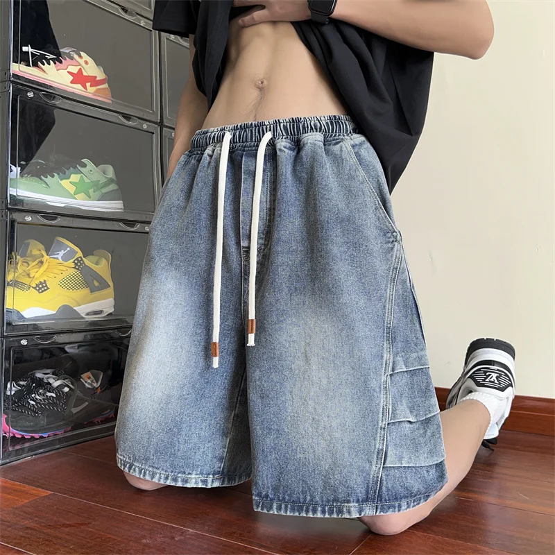Summer Fashion Blue Denim Pants Shorts Men's Straight Casual Ins Youth All-match Fifth Pants Elastic Waist Chic Short