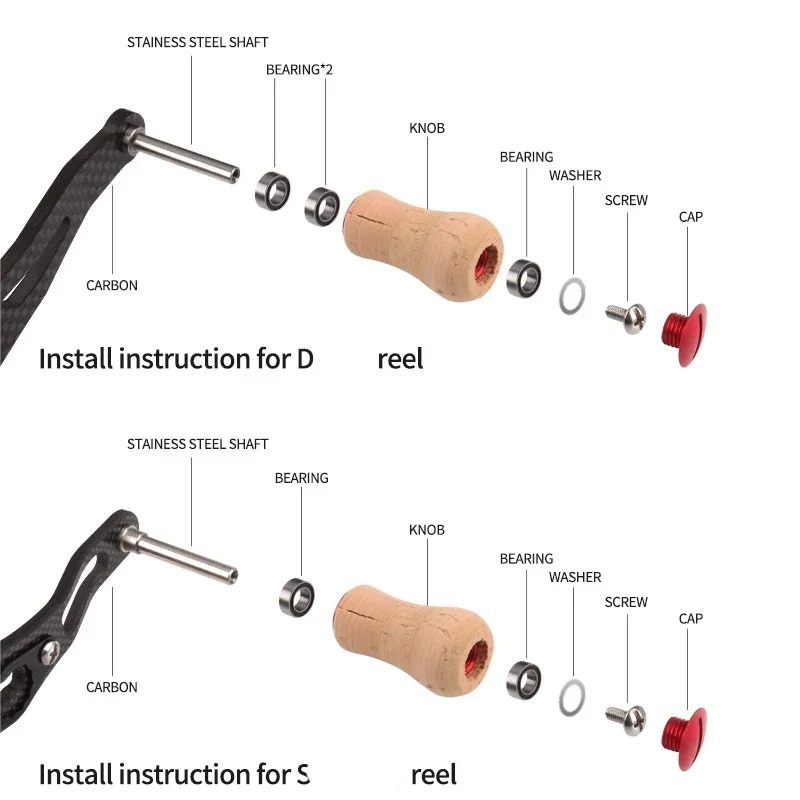 Kawa1pc Soft Wooden Fishing Reel Handle Knobs Length 41mm Fishing Reel DIY Weight 6.8g/pc Include 2pcs Bearings And 4pcs Washers