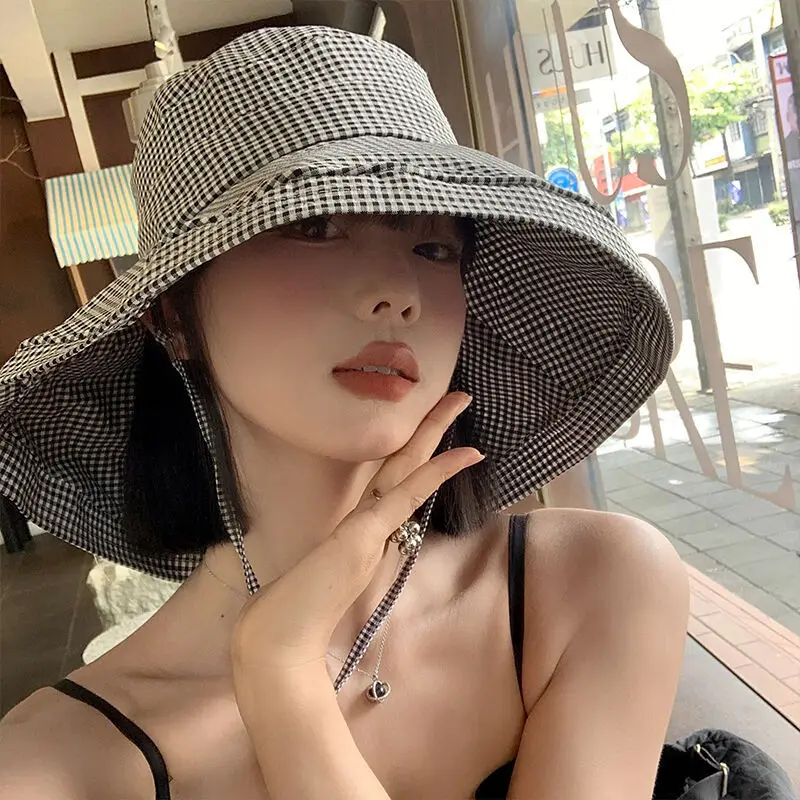 

Plaid Fisherman's Hat Female Summer UV Sunscreen Hat Big Eaves Sun Hat