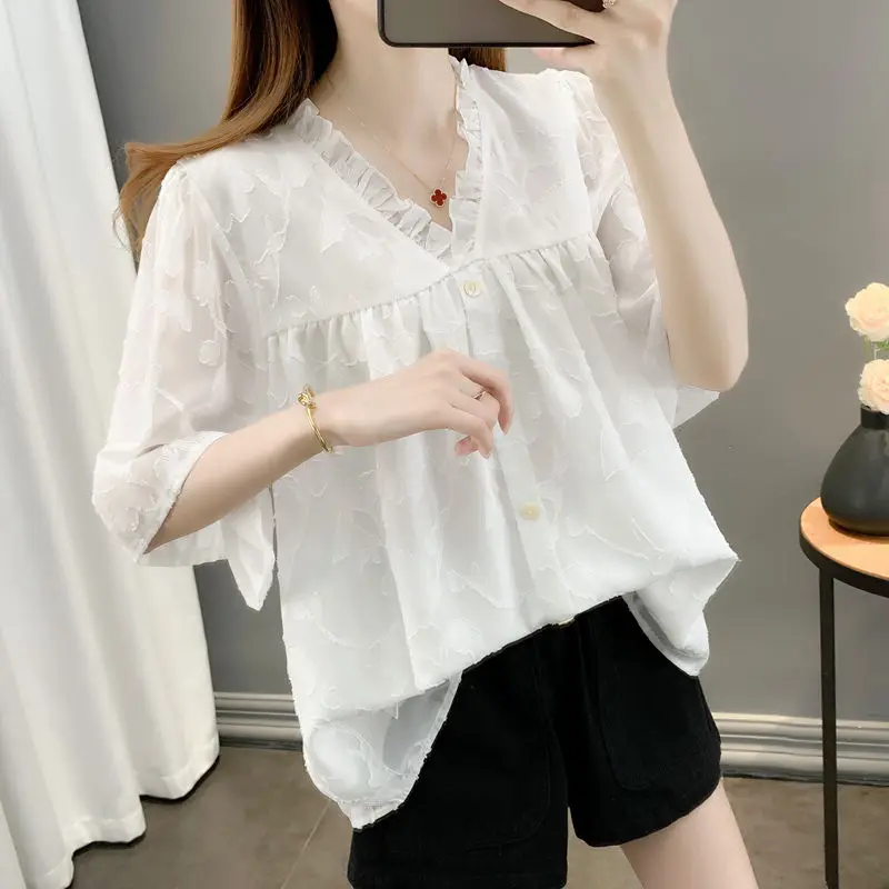 Chiffon Thin Loose Blouse Summer New Short Sleeve V Neck Solid Color Pleated All-match Shirt Tops Casual Fashion Women Clothing