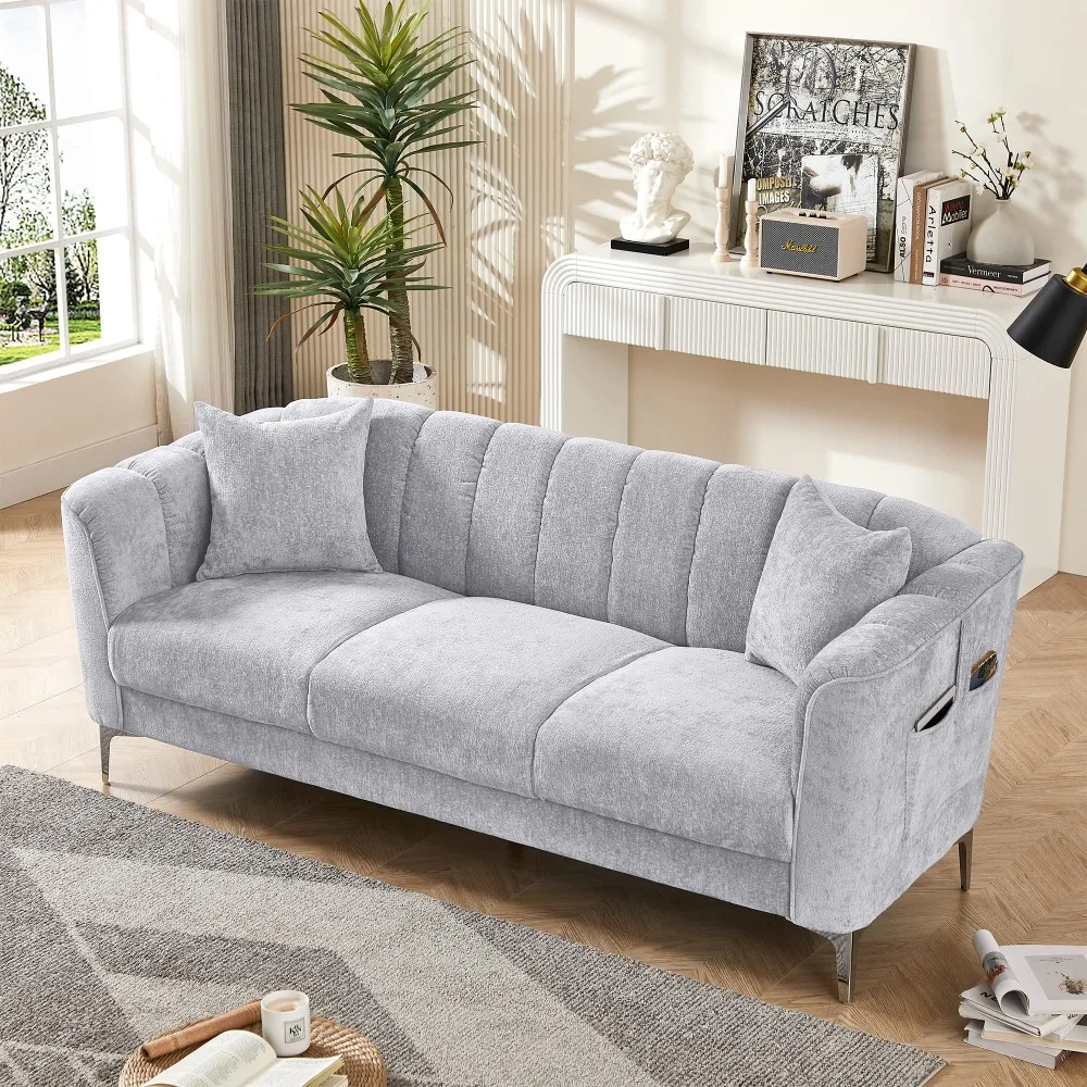 

Modern Chenille Sofa, 77" Upholstered Couch with 2 Bolster Pillows and Armrest Bags, 3-Seat Sofa for Living Room, Bedroom