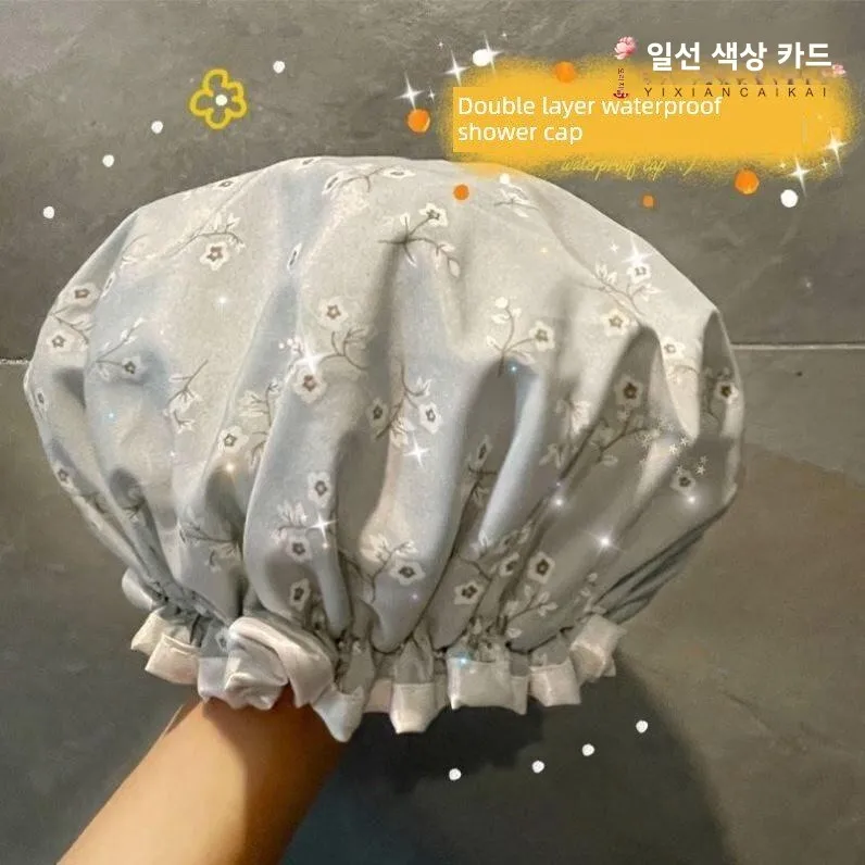 두꺼운 이중 레이어 여성용 목욕 모자 방수 주방 오일 방진 모자 성인 헤어 마스..
