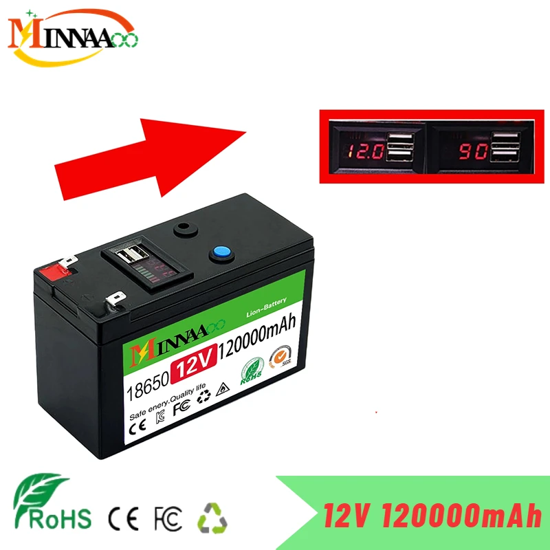 

2023 Upgraded LiFePO4 Lithium Battery 12V 120Ah Portable Rechargeable Battery Built-in 5V 2.1A Usb Power Display Port Charging