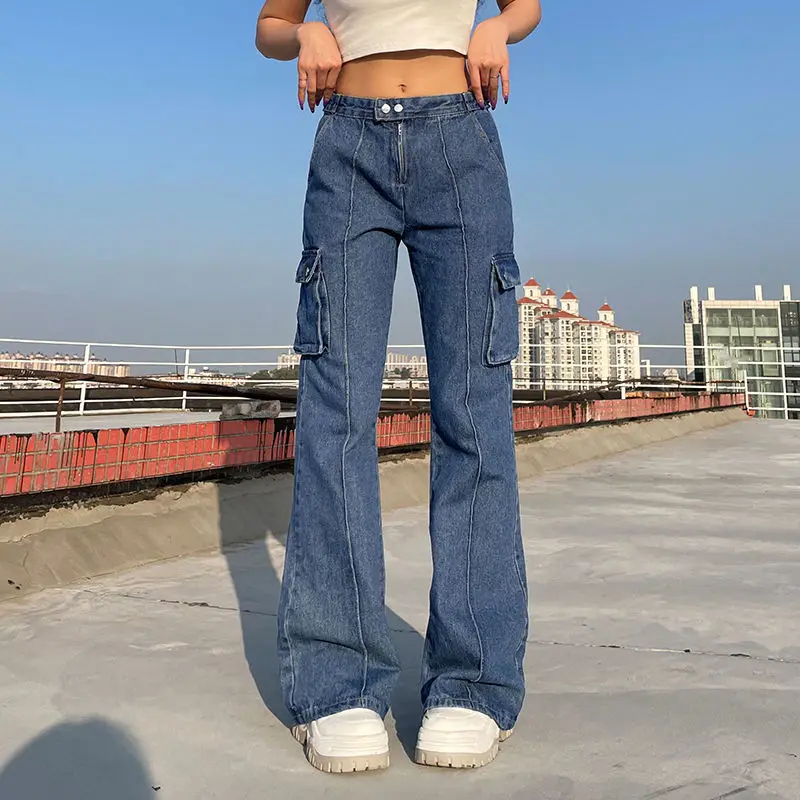 

Cargo Pants Women Vintage Streetwear Flared High Waisted Jeans Casual Wide Leg Baggy Jeans Women