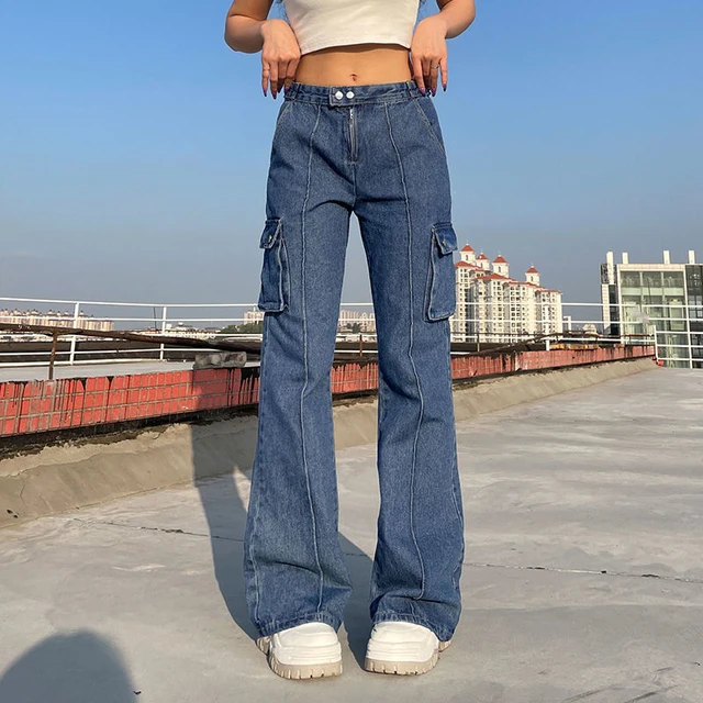 Cargo Pants Women High Waisted Jeans Full Length Wide Leg Loose Light Blue  Jeans Streetwear Vintage Pockets Trousers Autumn New - AliExpress