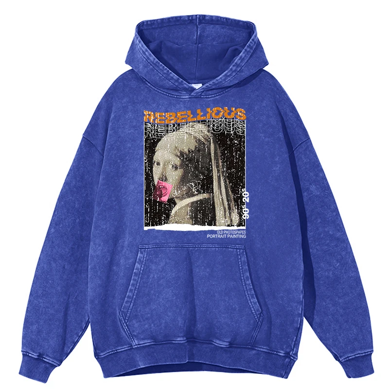 Sudadera con capucha retro desgastada con diseño creativo y divertido de chica con pendientes de perlas para hombre, estilo hip hop, otoño, 100 % algodón, a la moda