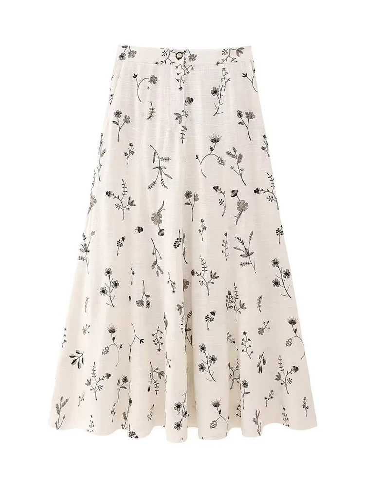 

Evfer Chic Lady Summer New Elegant Flower Embroidery Print Long Skirt Women 2023 New Fashion Linen Blending White Straight Skirt