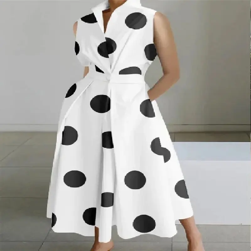

V-neck Summer Thin Casual Korean Elegant Temperament Dresses Fashion Short Sleeve Printing Buttons Polka Dot Women's Clothing