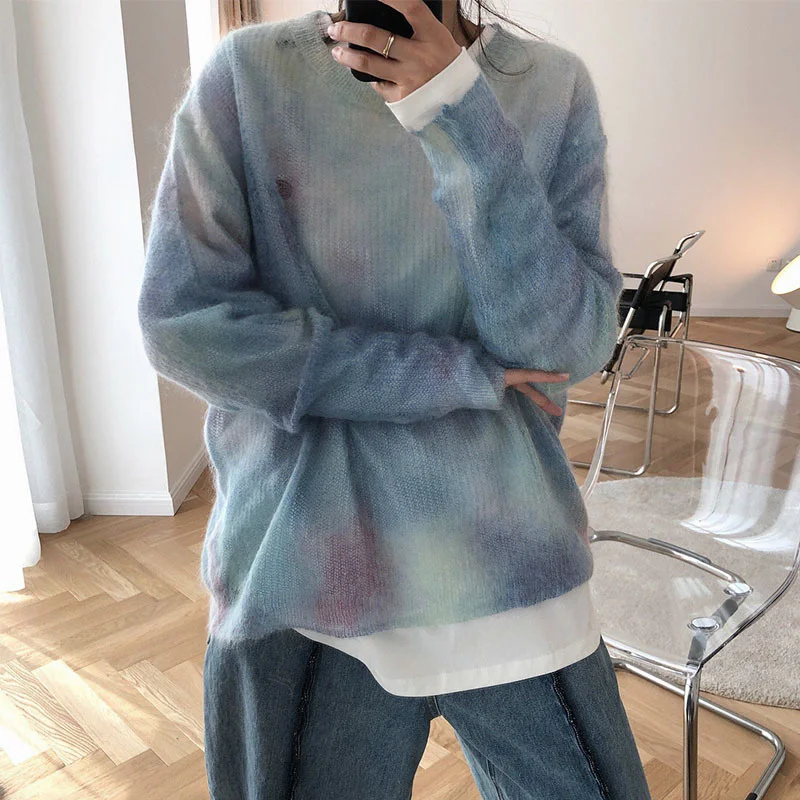 

2022 Tie Dyed Mohair Sweater Women's Spring and Autumn Korean Version Loose Rainbow Gradient Pullover