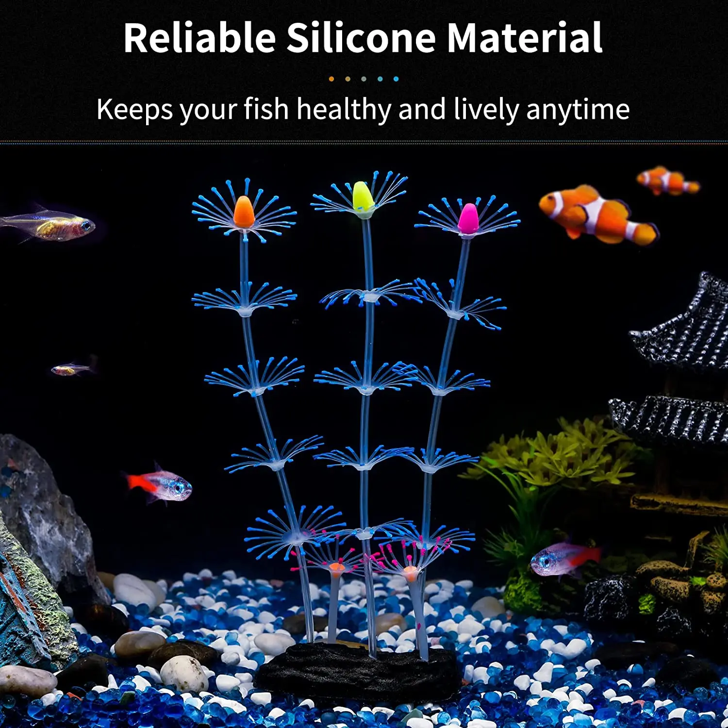 Glowing silicone coral aquarium decor with suction cups fish-safe UV-activated plants for saltwater freshwater tank setup