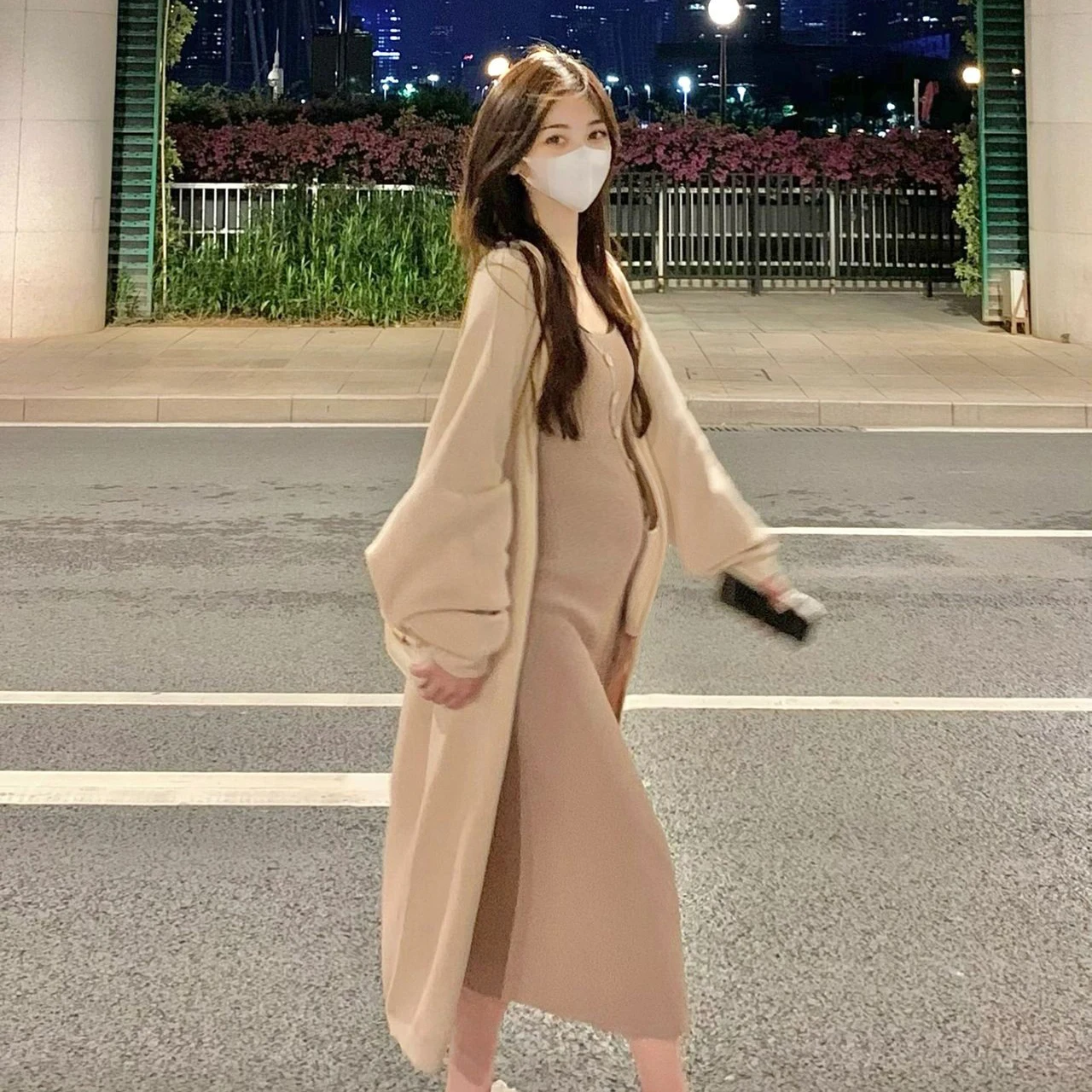 임산부 가을 세트 서양식 유행 가을 느슨한 게으른 니트 카디건 슬링 드레스 투피스 세트