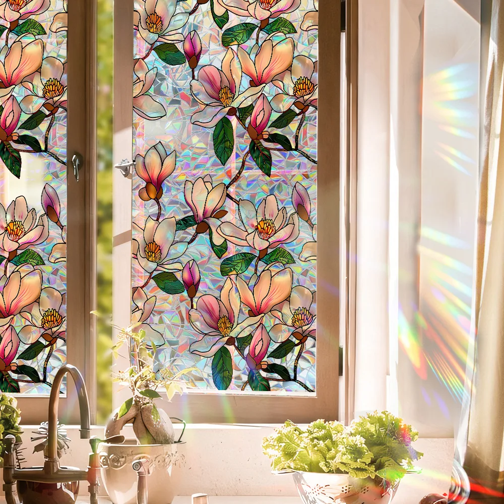 Rainbow Magnolia Window Cling Sticker 43x100cm Removable Static Cling Window Film Decorative Flower Vinyl for Home, Office, Cafe