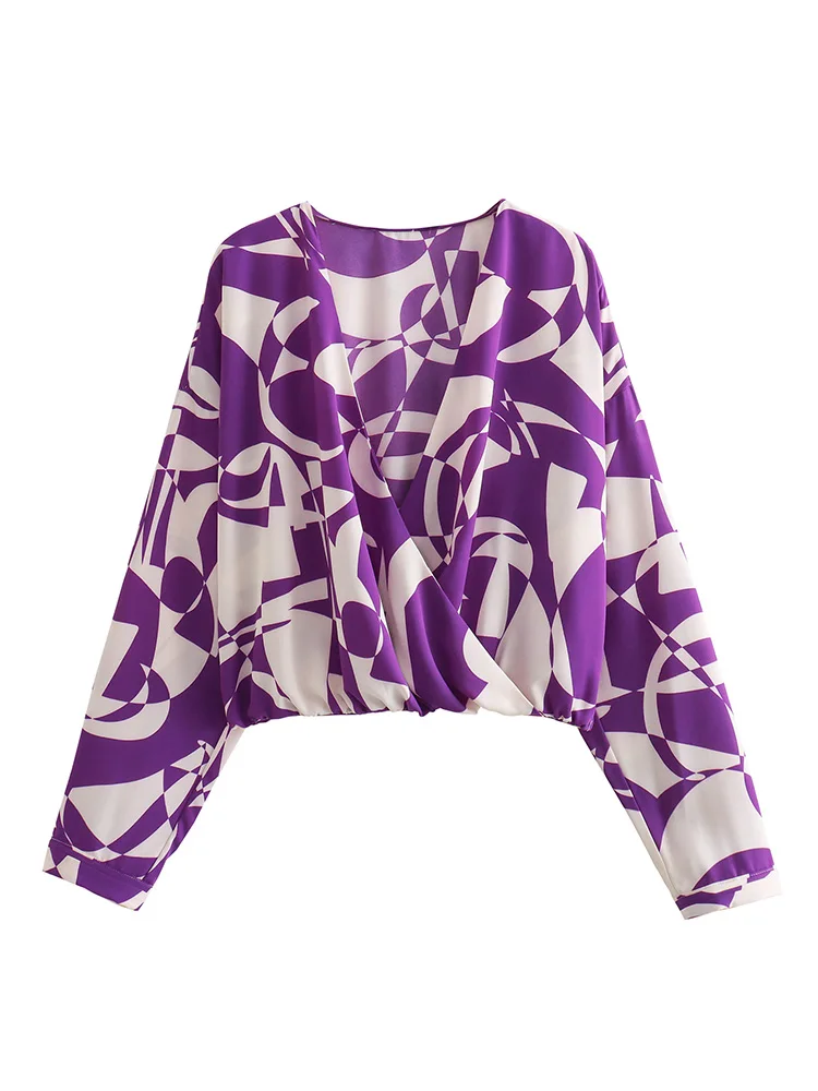 

Укороченные топы для женщин 2023 модная одежда винтажная блузка с принтом, перекрещивающийся топ с v-образным вырезом и рюшами, женские укороченные блузки с длинным рукавом