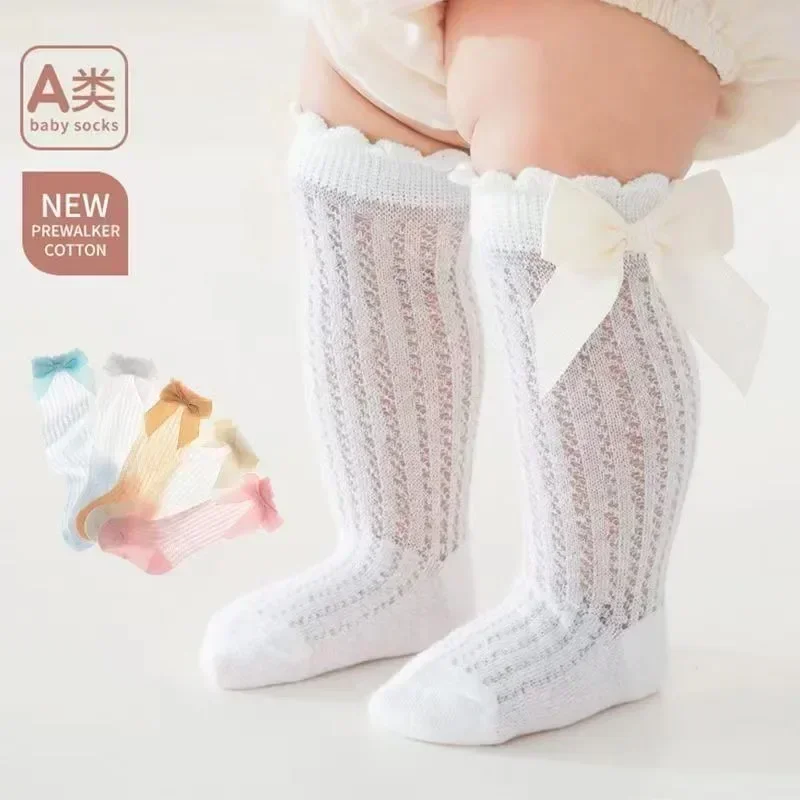 Summer Ultra-thin Mesh Socks Baby Girl Mosquito Resistant Knee Sock Cute Newborn Pink Bow Hollow Cotton baby socks kids socks cotton socks girls socks
