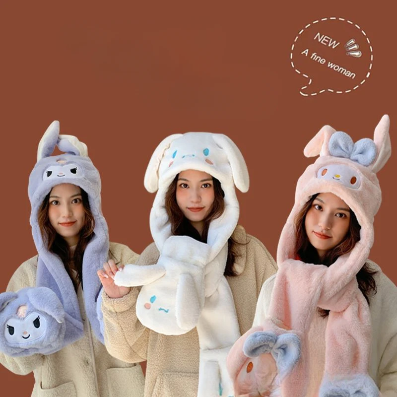 

Sanrioed Cinnamoroll My Melody Plush Hat Scarf All-in-one Female Winter Kuromi Ears Will Move Warm Scarf Hooded Three-piece Set