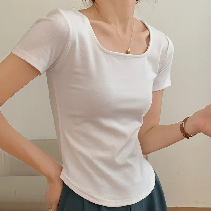 Women's Summer Cotton Short-Sleeve Curved Hem Slim Fit U-Neck Tee