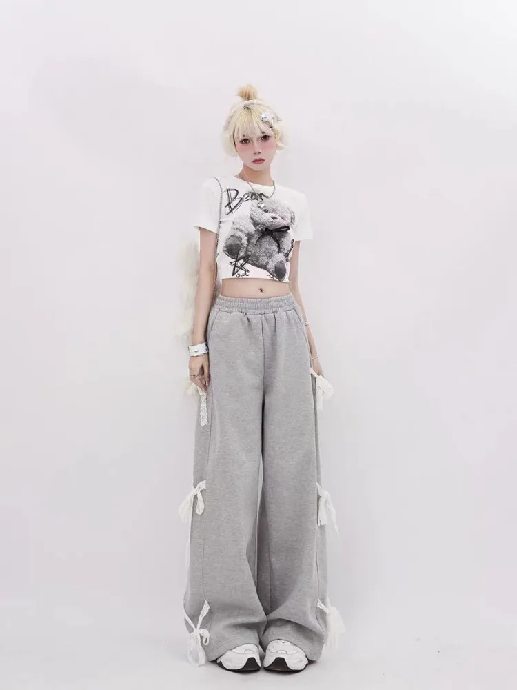 HOUZHOU Y2k Kawaii Sweet High Waist Wide Leg Pants Korean Style Fashion Streetwear Bow Bandage Loose Sweatpant Soft Gril 2024