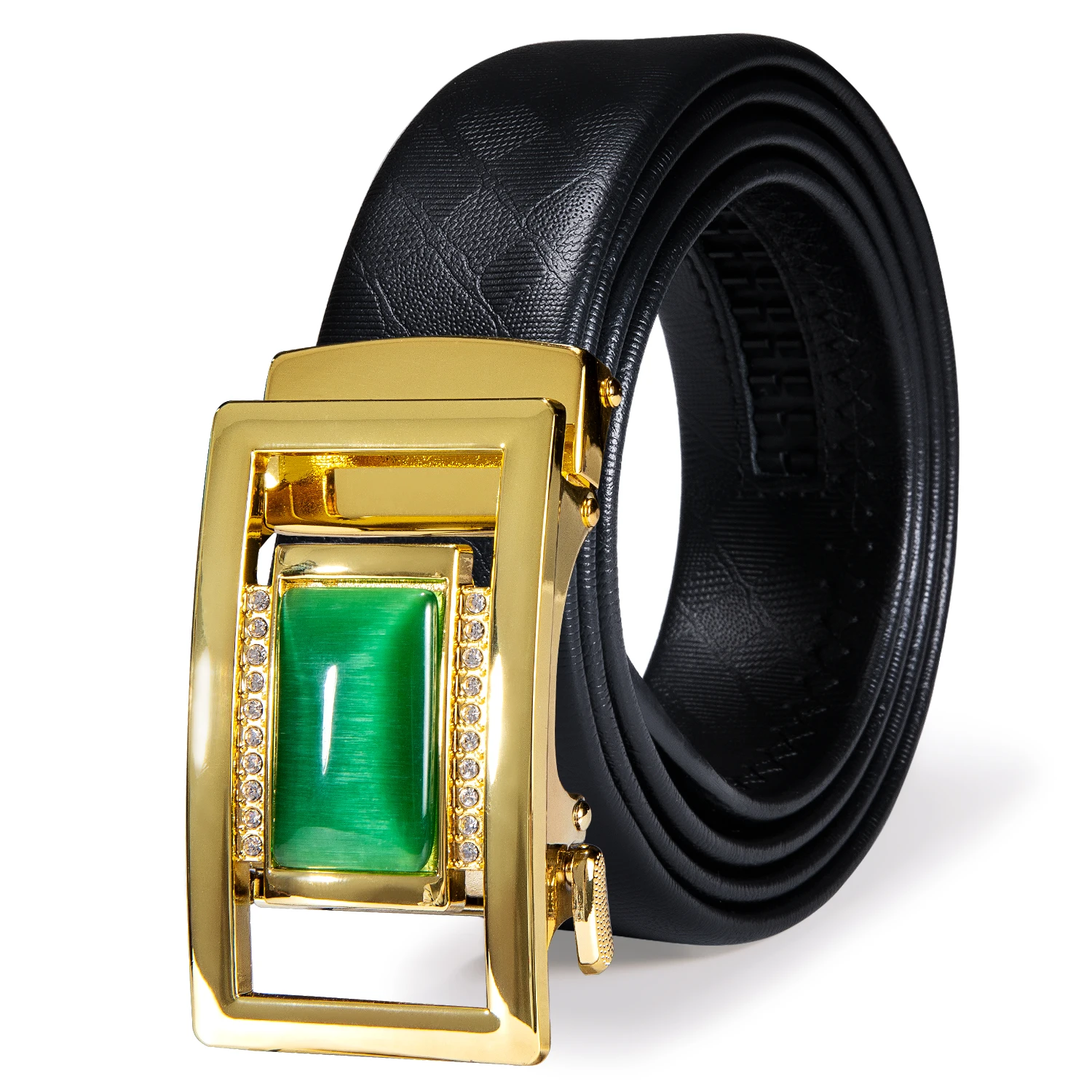 

Barry.Wang Green Stone Belt for Men Black Cowhide Real Leather Belt Automatic Slide Ratchet Buckle Waist Strap Male Gift 160cm