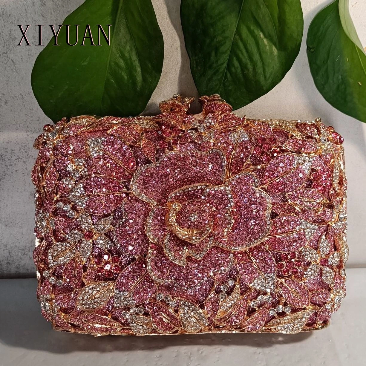 Luxury Women Pink Flower Clutch Bags Stone Evening Bags Bridal