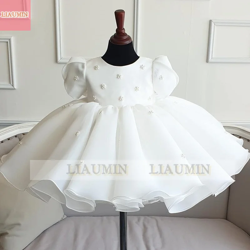 

White Beads Flower Girl Dresses for Wedding Tulle Princess Holy First Communion Gowns Party Pageant Brithday Party Skirt Kids