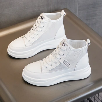 Womens White High Top Platform Sneakers Leather Upper Thick Sole Casual Lace Up Shoes Lightweight Non Slip Height Increasing