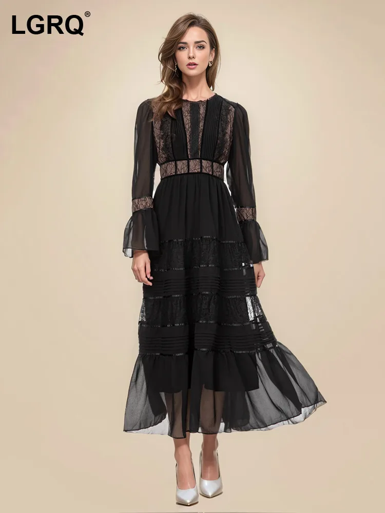 

LGRQ Solid Hollow Out Lace Spliced Dresses For Women Round Neck High Waist Long Sleeve Elegant Dress Spring 2024 New 3WM251