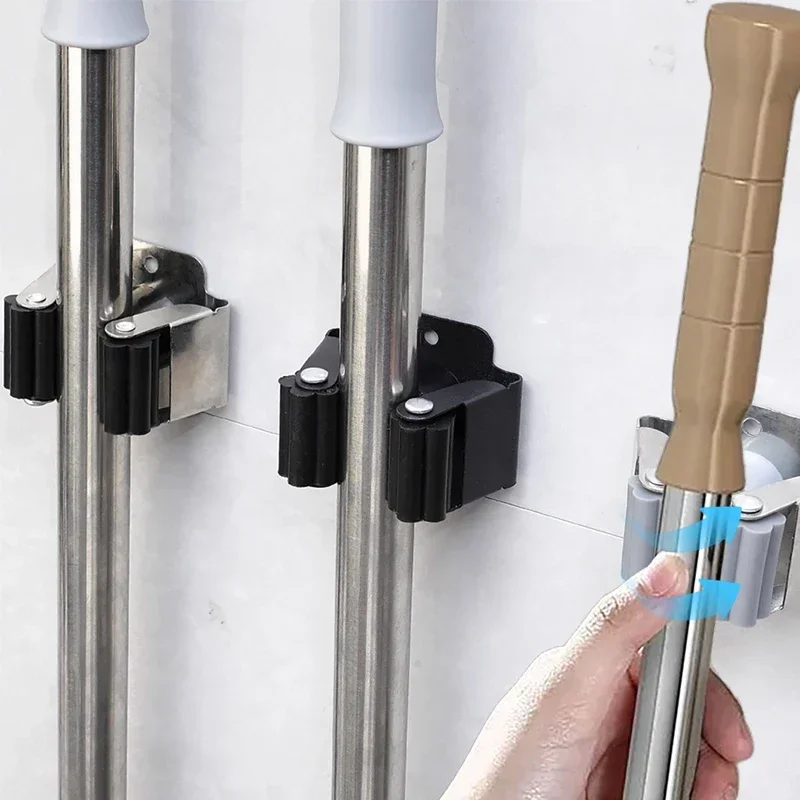 10/1x Self-Adhesive Mop Holder Clips Stainless Steel Drilling Mop Broom Holder Rack with Screw Kitchen Bathroom Organizer Shelf 2