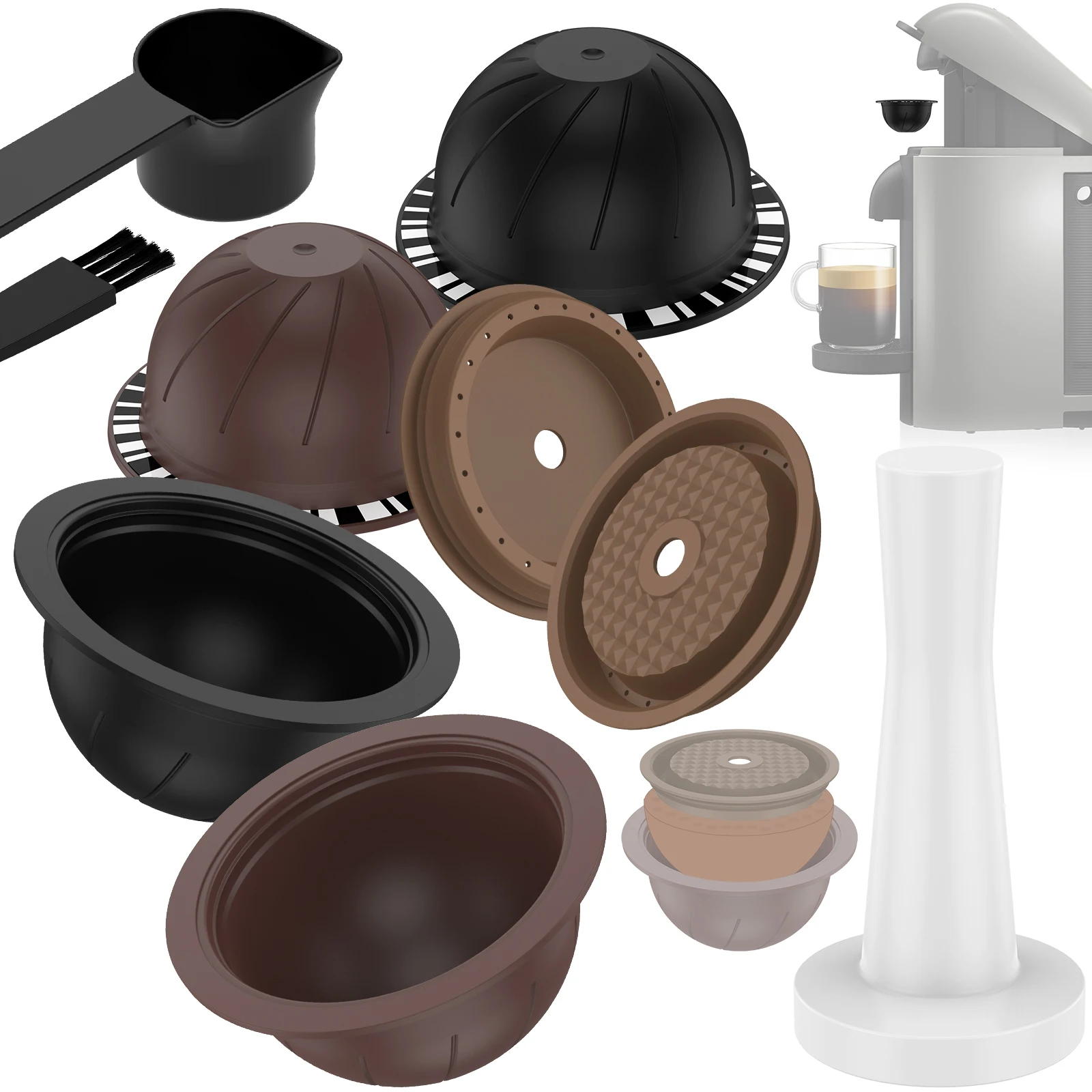 

4Pcs Reusable Coffee Capsules Set with 2 Silicone Lids Filling Hammer Spoon and Brush Plastic Refillable Coffee Pods Compatible
