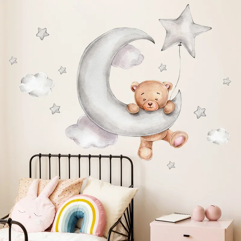 Cartoon Bear Cloud Wall Stickers for Kids Rooms Baby Boys Girls Room Bedroom Decor Nursery Wallpaper Star Kids Room Decoaration