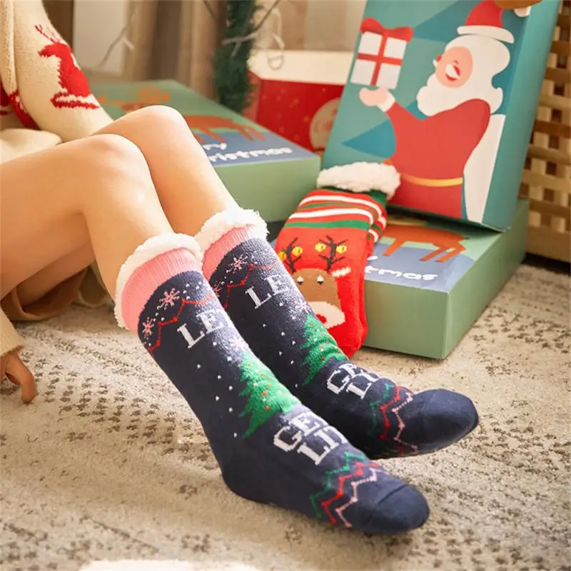 

Носки рождественские женские, утепленные удобные хлопковые домашние носки из овечьей шерсти с Санта Клаусом, елкой, снежинкой, оленем