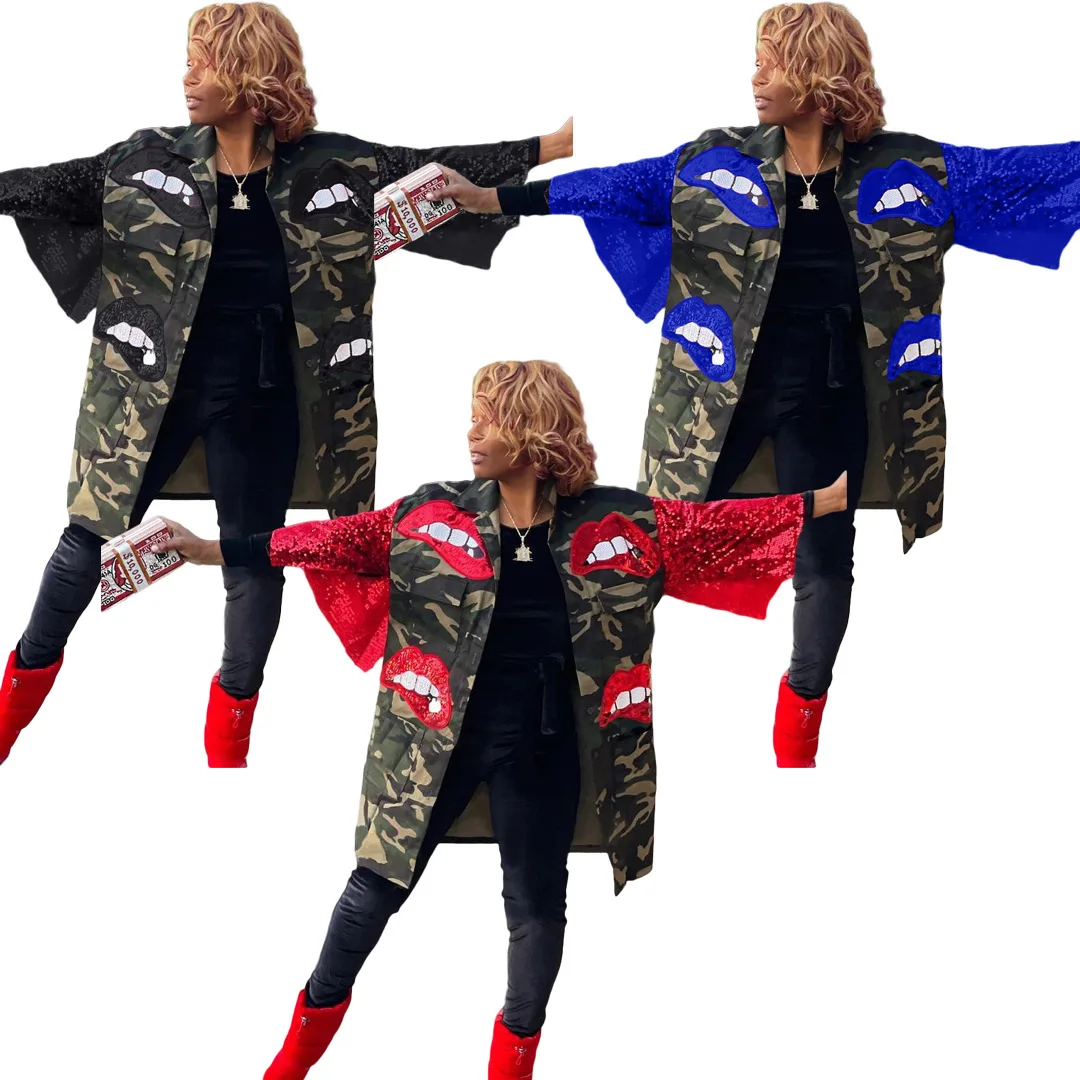 Jacket Women Autumn Long Sleeve Camo Outwear oversize Ladies Fall Coat button Pocket stand collar sequin camo jacket new autumn winter tops women korean fashion sequin embroidery flower loose knitted sweater harem pants two piece set ladies