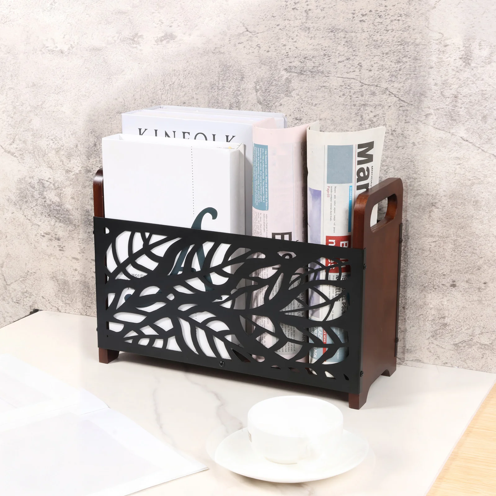 Rustic Wood and Metal Magazine Holder with Handle - Desktop Organizer and Decorative Storage Basket