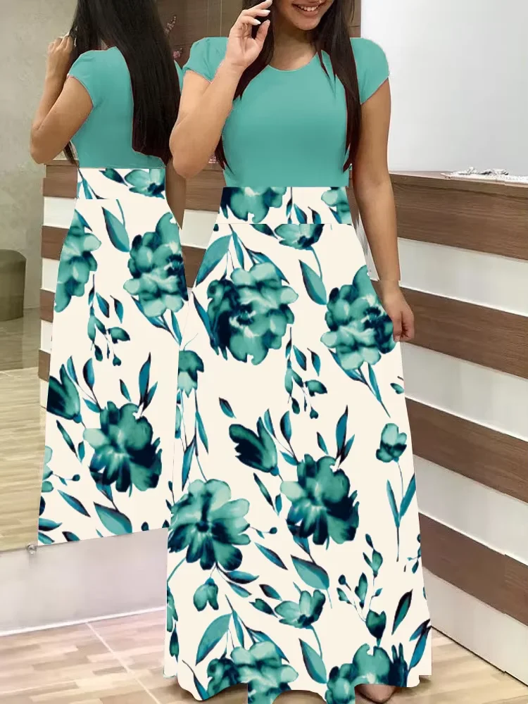 Floral Print Long Sleeve Dress European American Style Color Matched Swing Skirt for Women Large Size 4