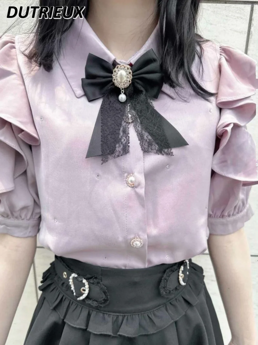 Japanese Style Lolita Women's Diamond-Embedded Decorative Solid Color Bow Short-Sleeved Shirt Ruffled Sweet Girl Versatile Top