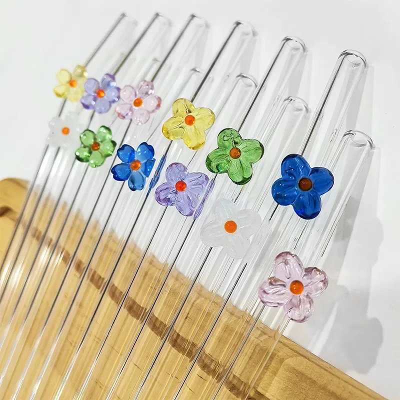 Flower Drinking Straw Set 6pcs High Borosilicate Glass Bent Straws Set with Brush Milk Shake Coffee Cocktail Straw Bar Drinkware