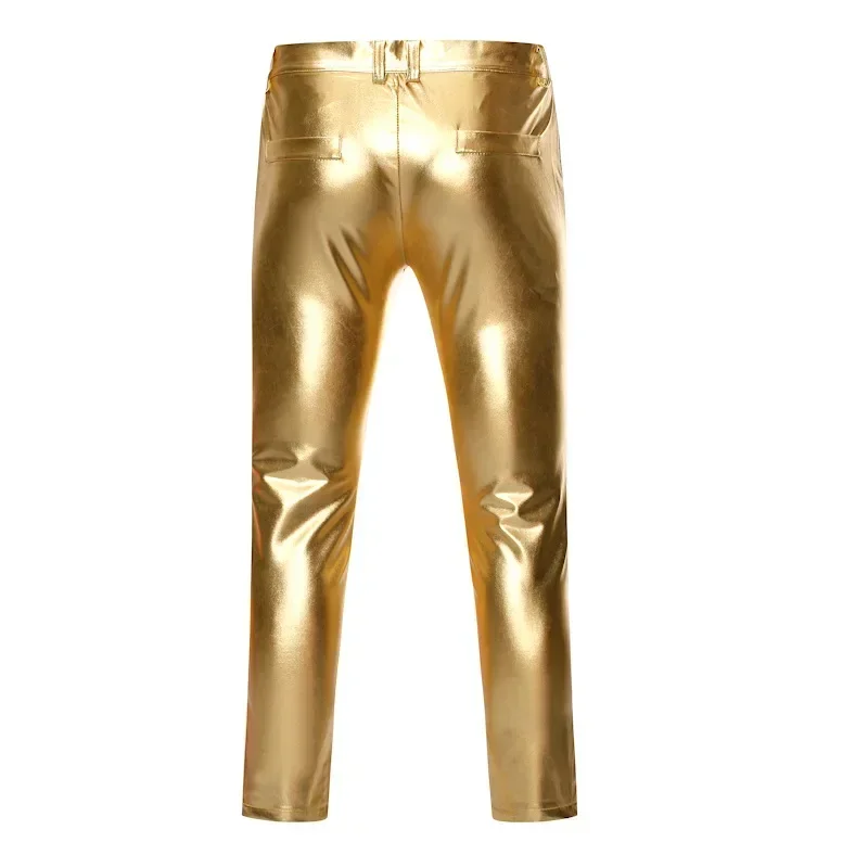 

Trousers Pants Brand For Men Singers Leather Coated Nightclub Perform Metallic Skinny Stage Gold Shiny Motorcycle