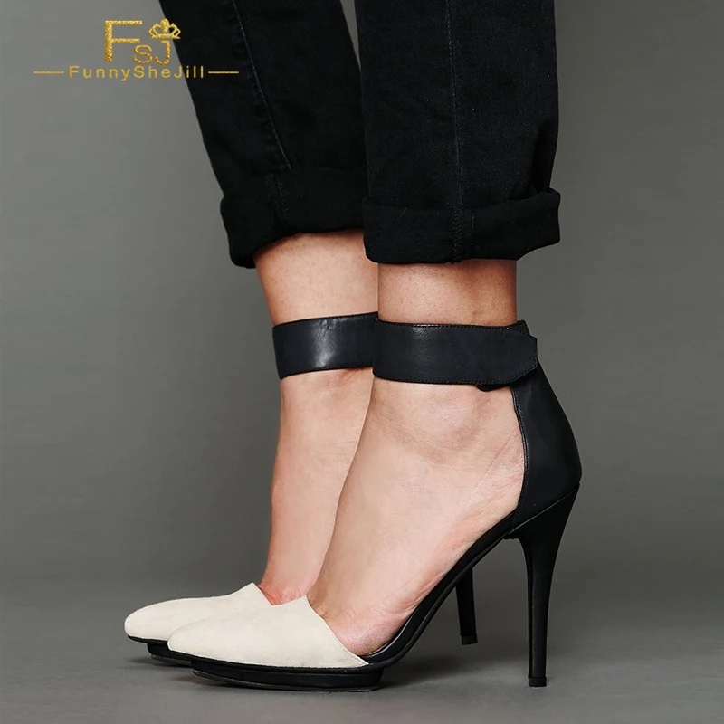 

Ivory Suede Black Ankle Strap Heels Pointed Toe Stiletto Vintage Heels Women'S Large Size 15 16