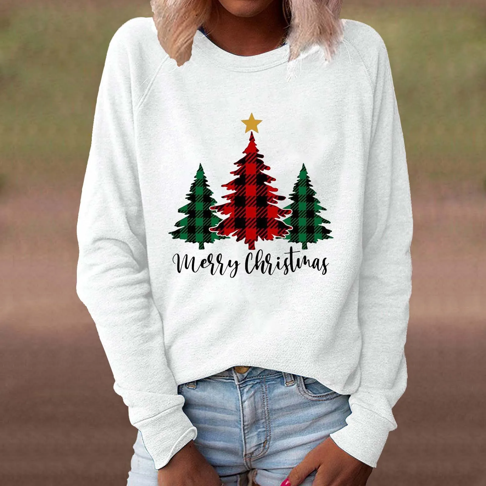 

Women's Christmas Tree Print Round Neck Long Sleeve Sweatshirt With Fleece Punk Graphic women Clothes Gothic