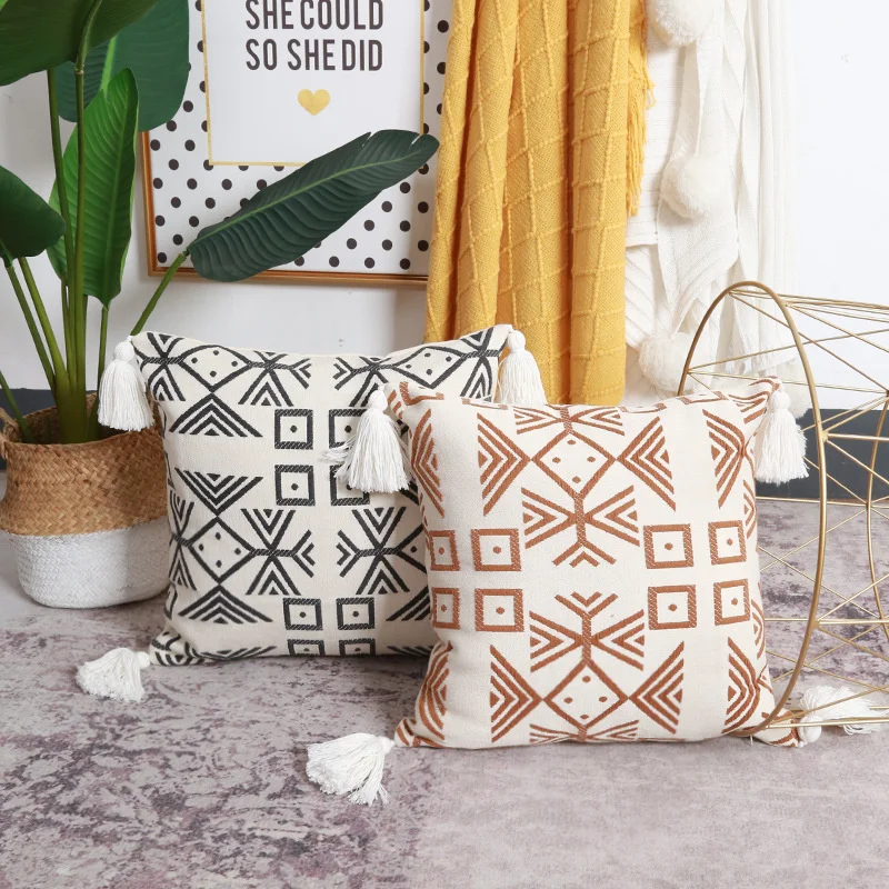 

Indian Shipping Free Tassel Style Cotton&Linen Cushion Cover 45x45cm 30X50cm Geometric Jacquard Pillow Case Home Decor YSD20487