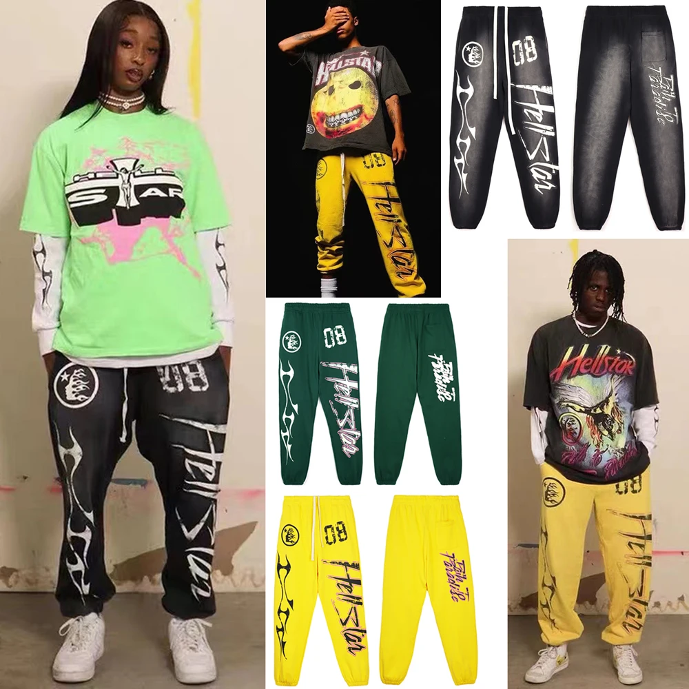 

Hellstar Studios Washed Pants Men Women Vintage High Street Quality Pants High Street Sweatpants Terry Flare Trouser