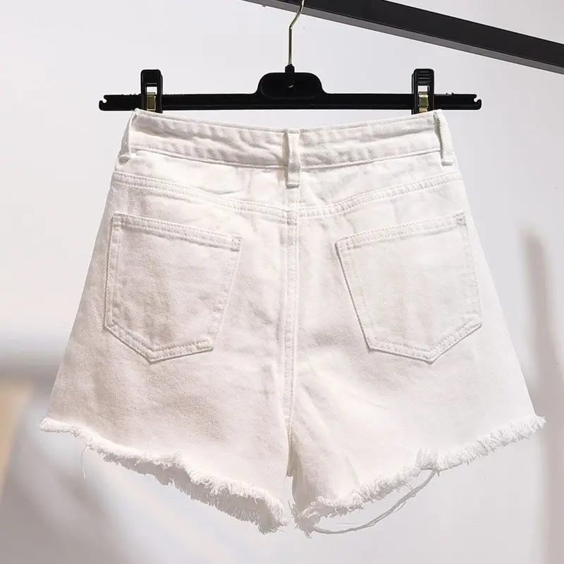 Women's Spring Summer New Fashion Casual Solid Color High Waist Loose Pocket Button Versatile Student Wide Leg Hole Denim Shorts